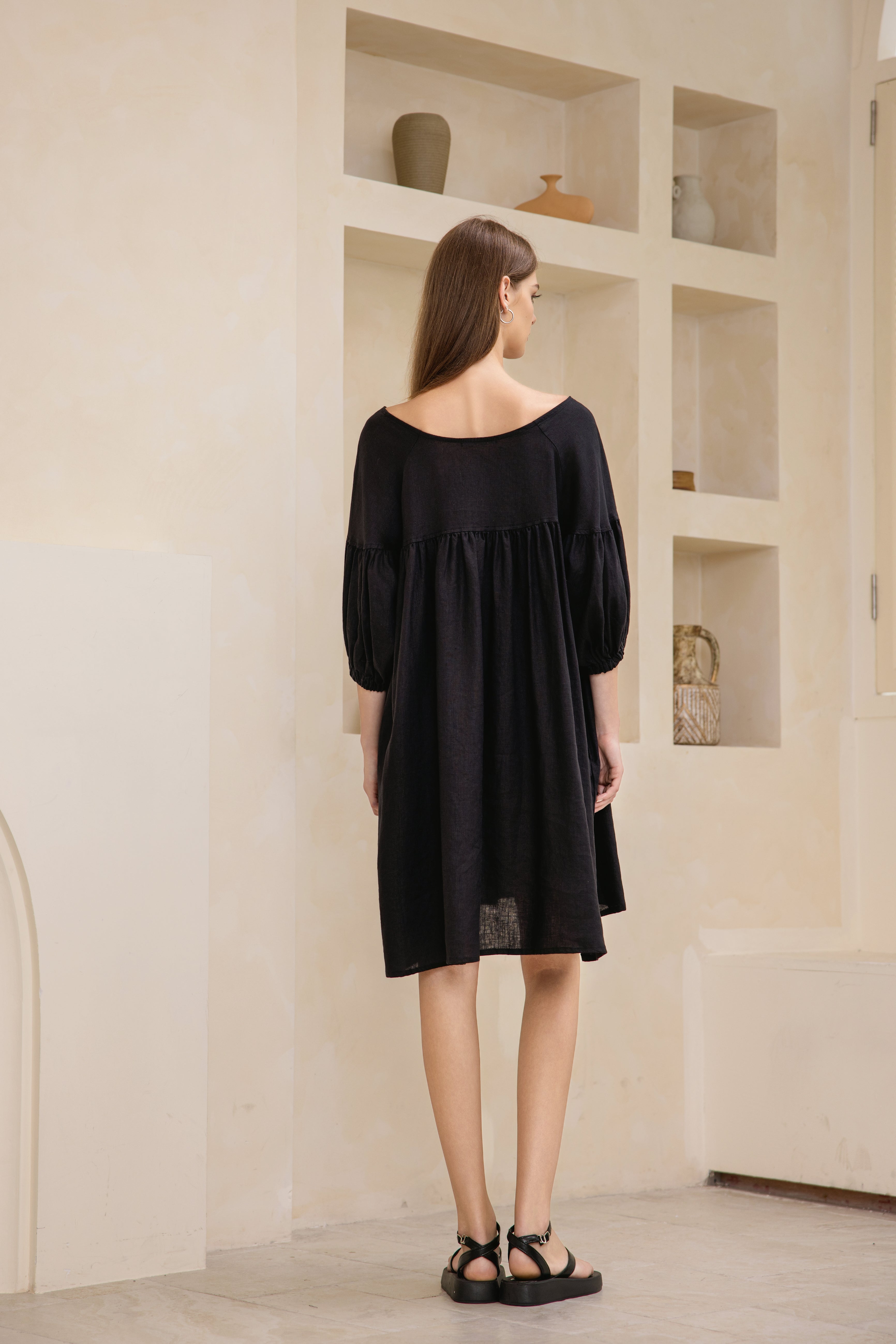 Puffed Sleeve Linen Midi Dress