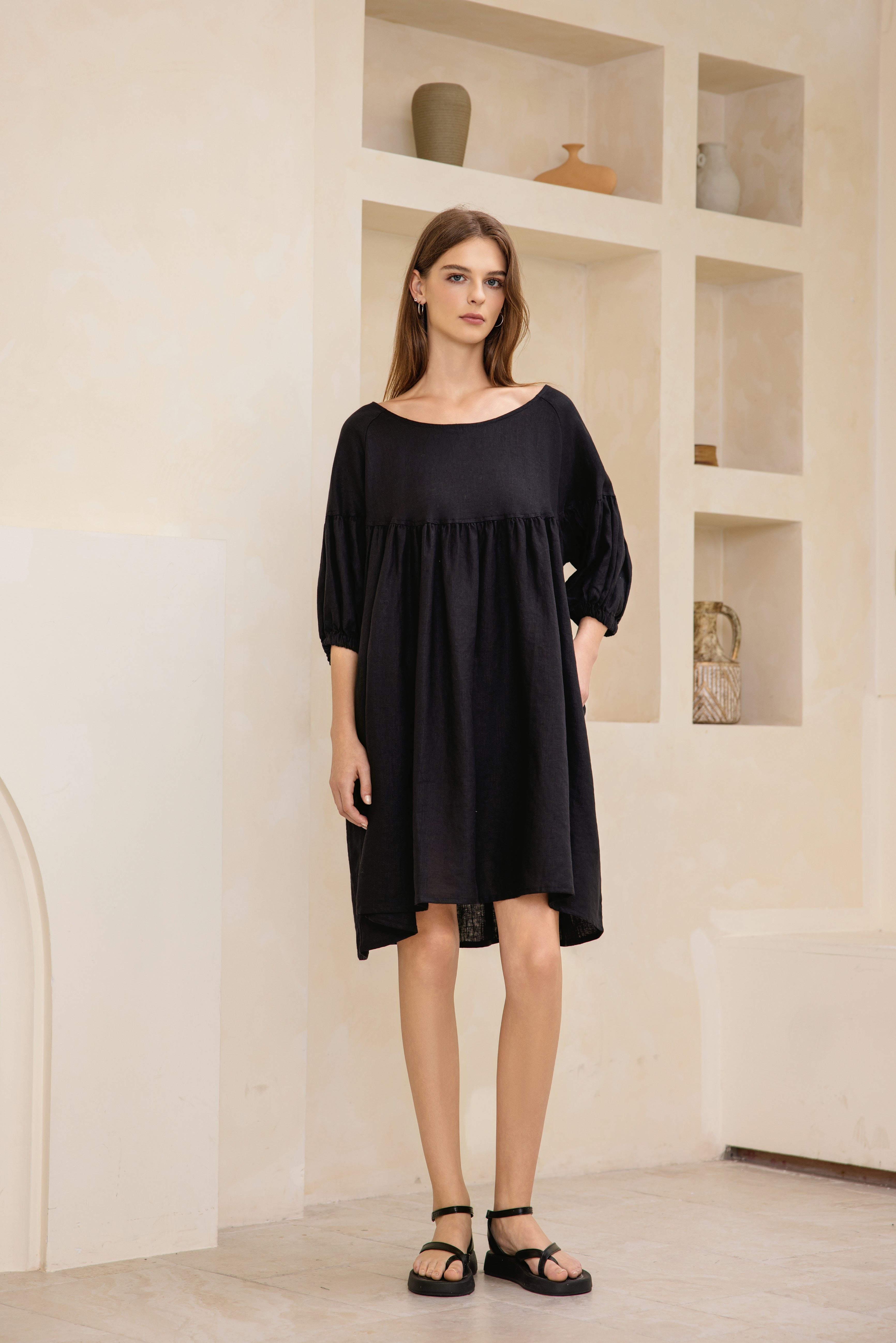 Puffed Sleeve Linen Midi Dress