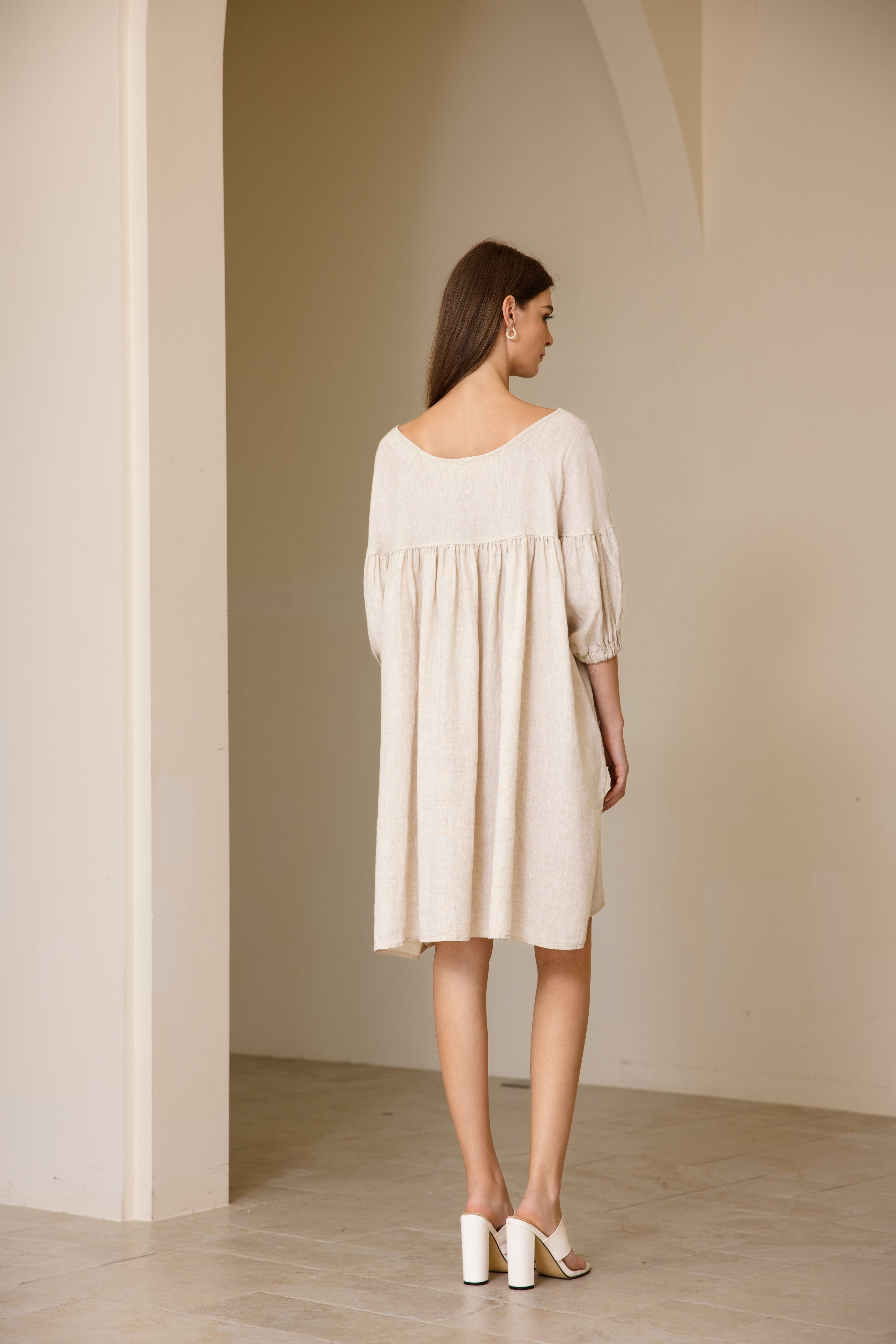 Puffed Sleeve Linen Midi Dress