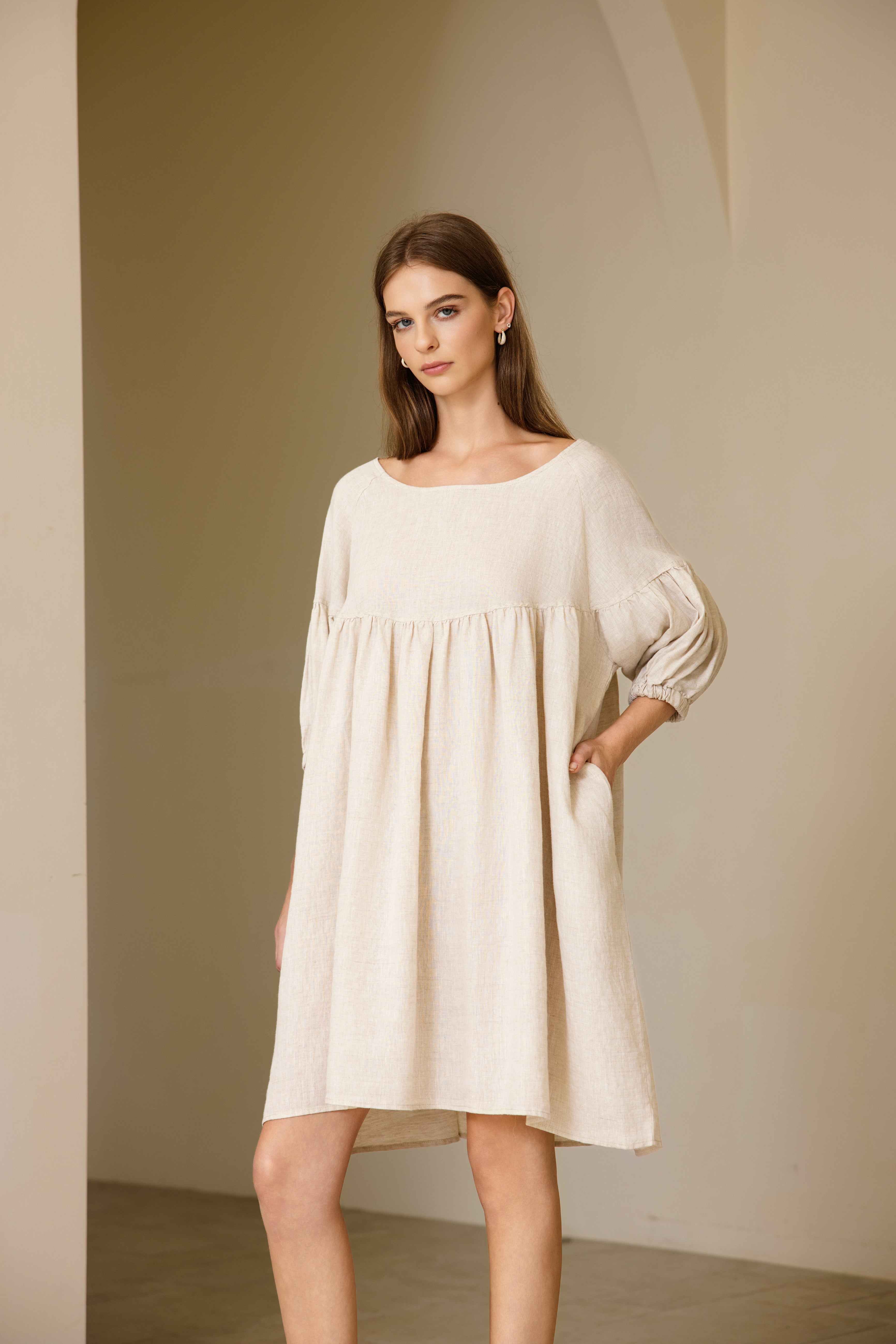 Puffed Sleeve Linen Midi Dress