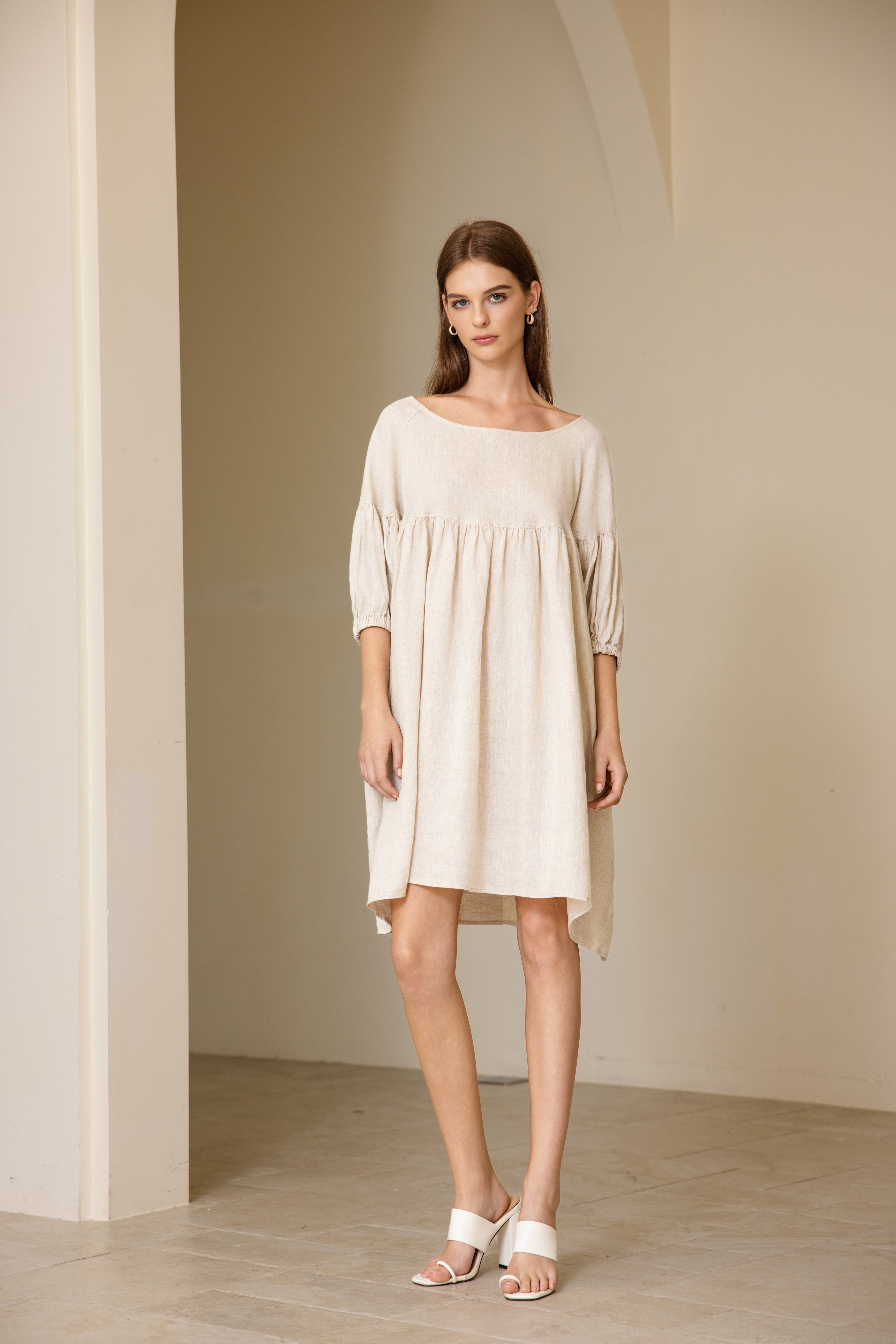Puffed Sleeve Linen Midi Dress